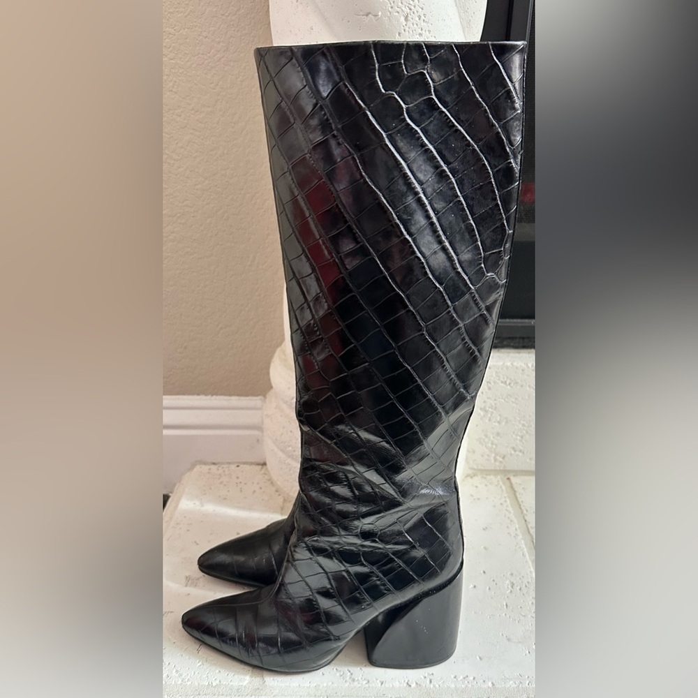 Chloe Black Crocodile Pattern Knee-High Boots